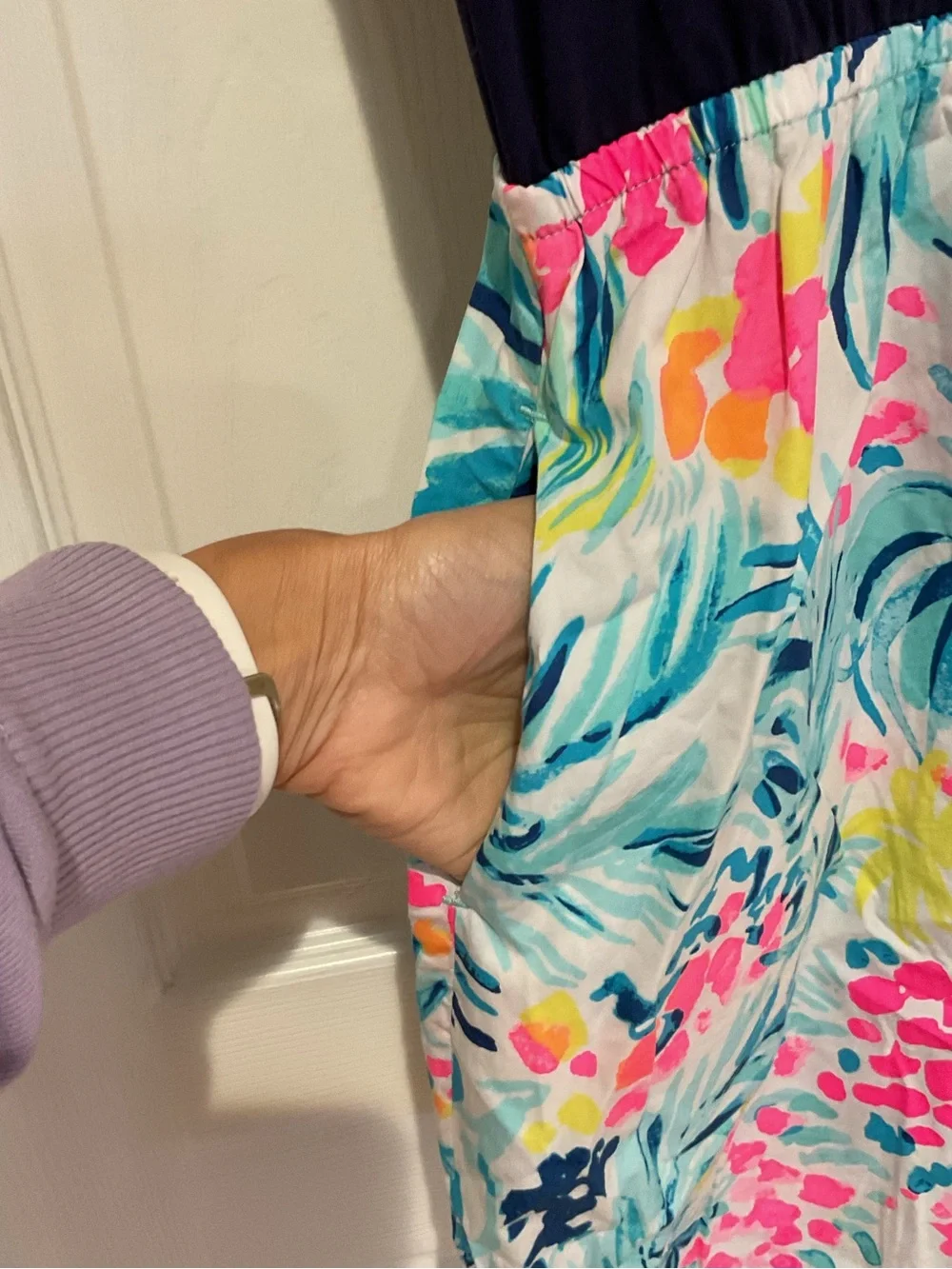Lilly Pulitzer caila knit dress navy tropical floral pockets cap sleeve 12/14 XL
